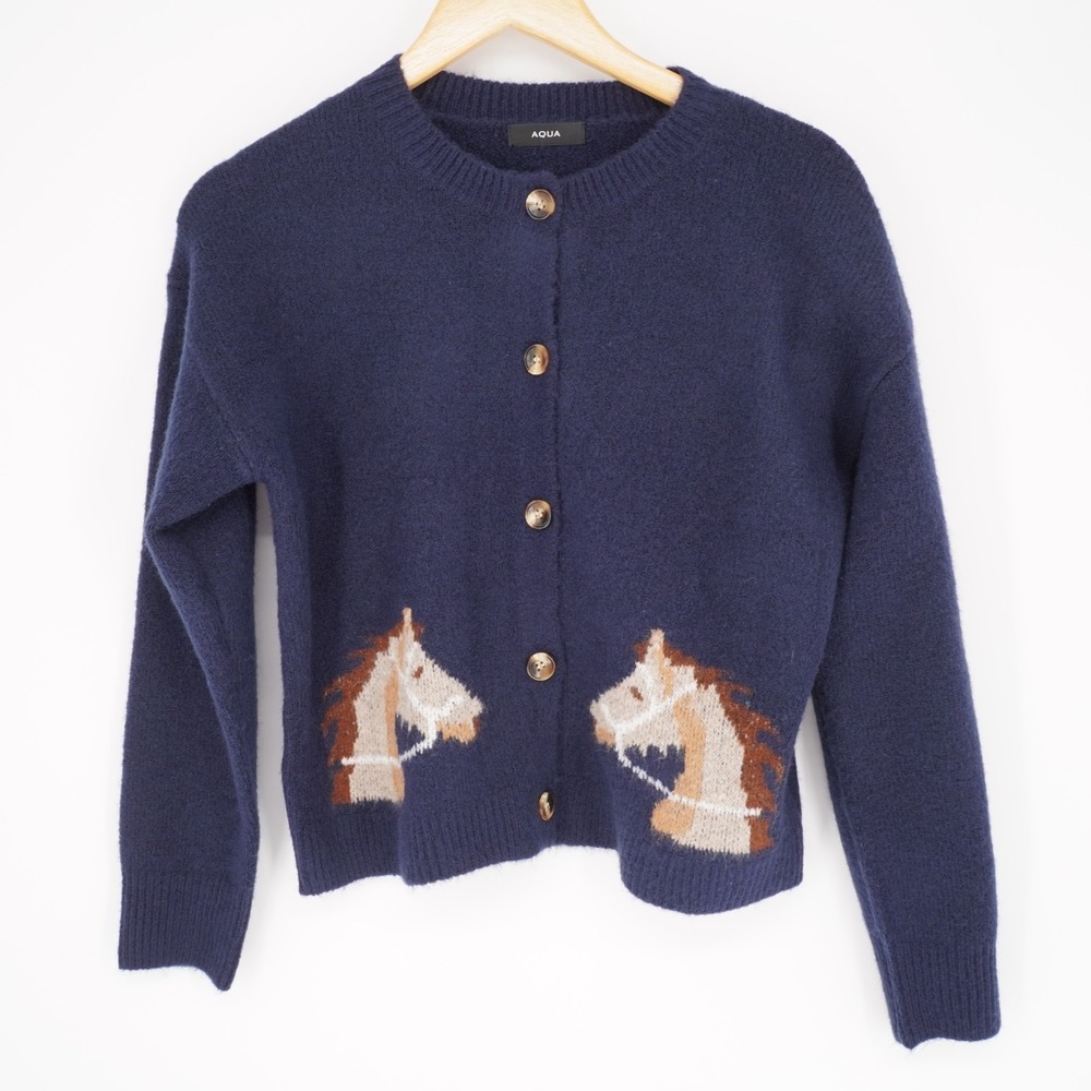 Aqua Horse Cardigan Sweater Womens XXS Navy Blue Equestrian Relaxed Horse Girl
